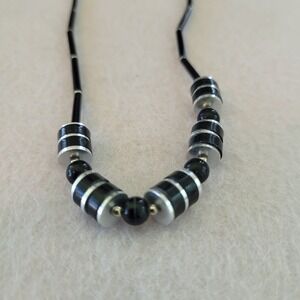 Art Deco Style Black Onyx Silver Tone Geometric Bead Necklace 14in